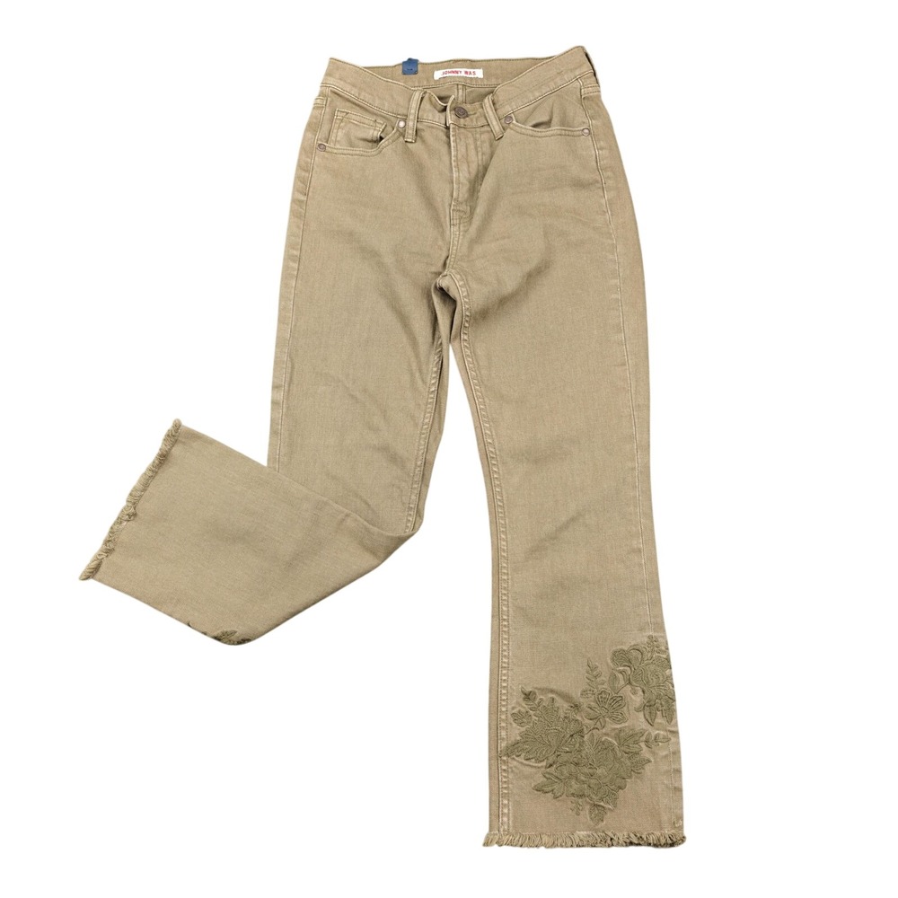 Johnny Was The Cropped Baby Boot Jeans Womens 25 Beige Embroidered Mid Bootcut